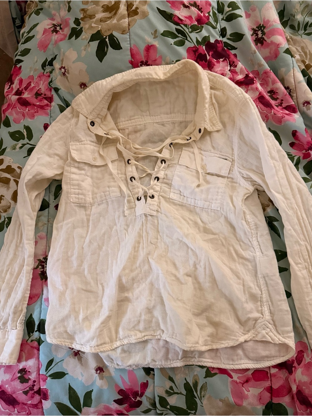 MOTHER Cream Lace-Up Cotton Button-Down Shirt